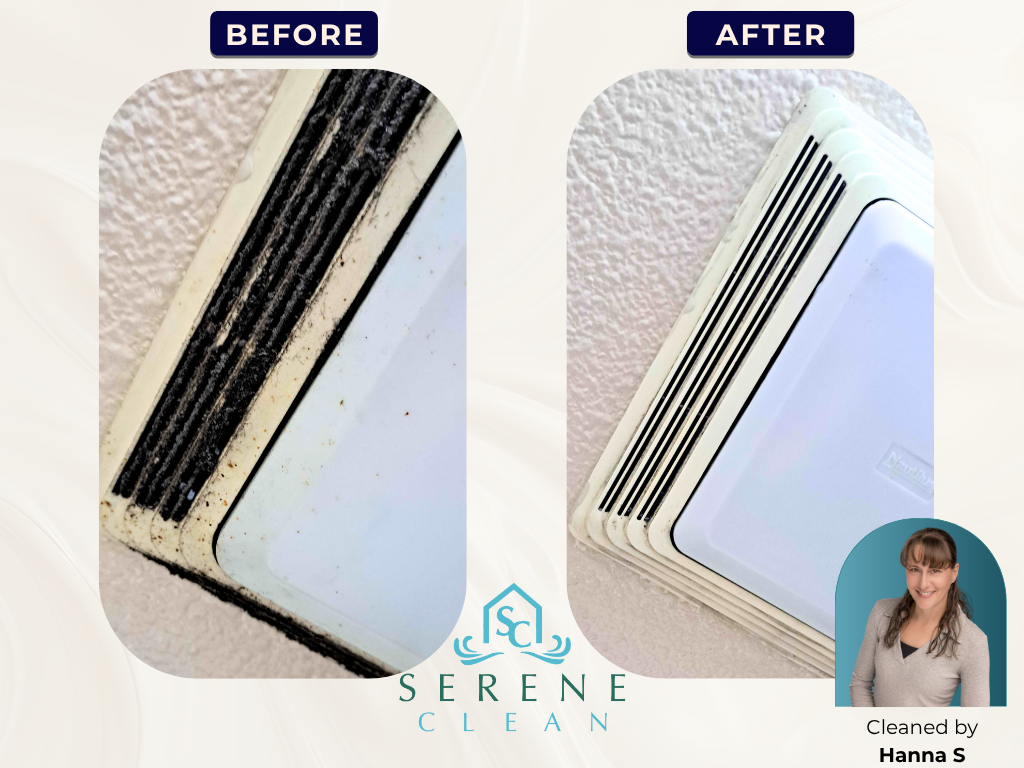 Bathroom fan vents before and after cleaning, by Hanna