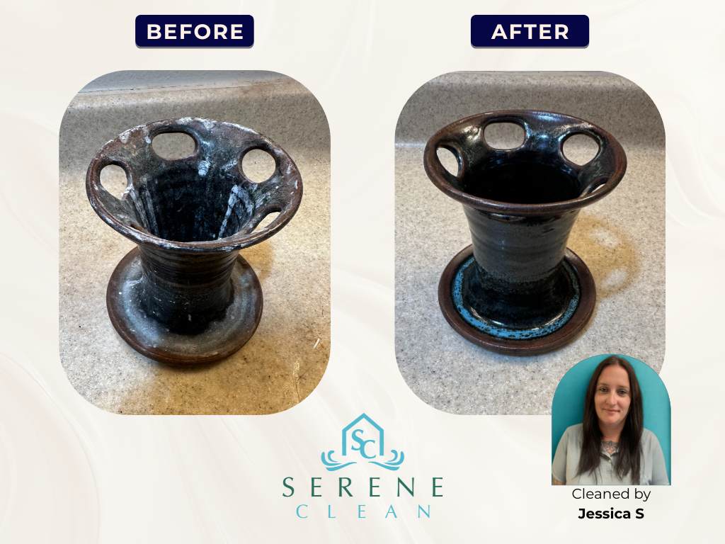Bathroom toothbrush holder before and after cleaning, by Jessica